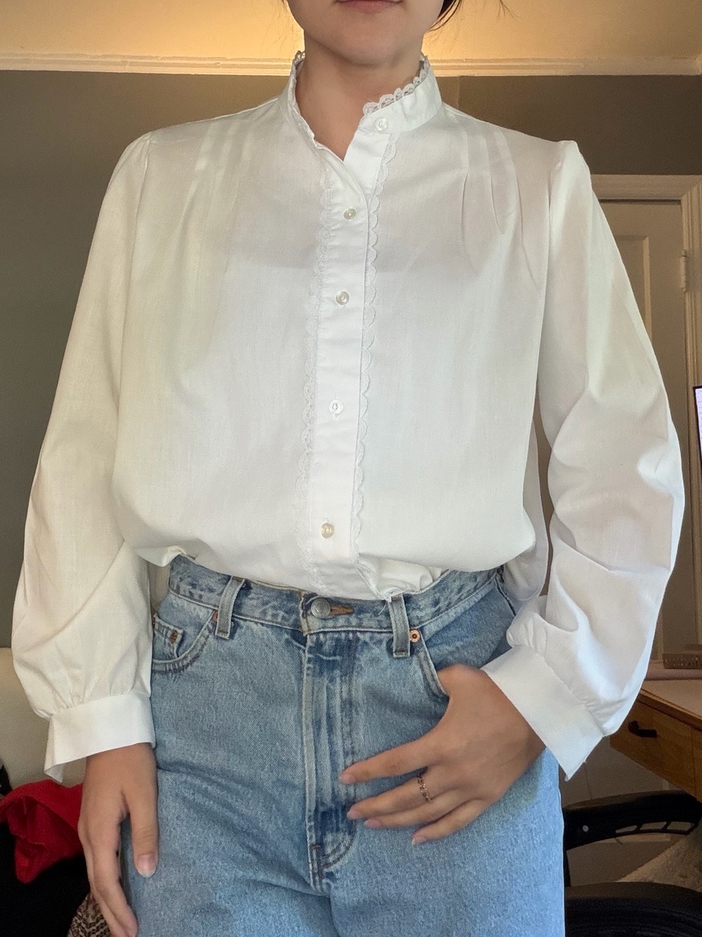 Vintage Maternity White Lace-Trim Blouse